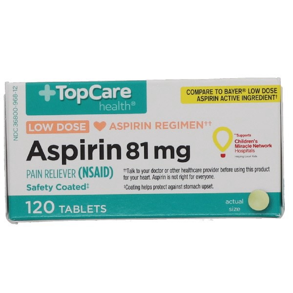 slide 1 of 9, TopCare TOP CARE Topcare Adult Low Dose Aspirin 81 Mg, Enteric Coated Tablets, 120 ct