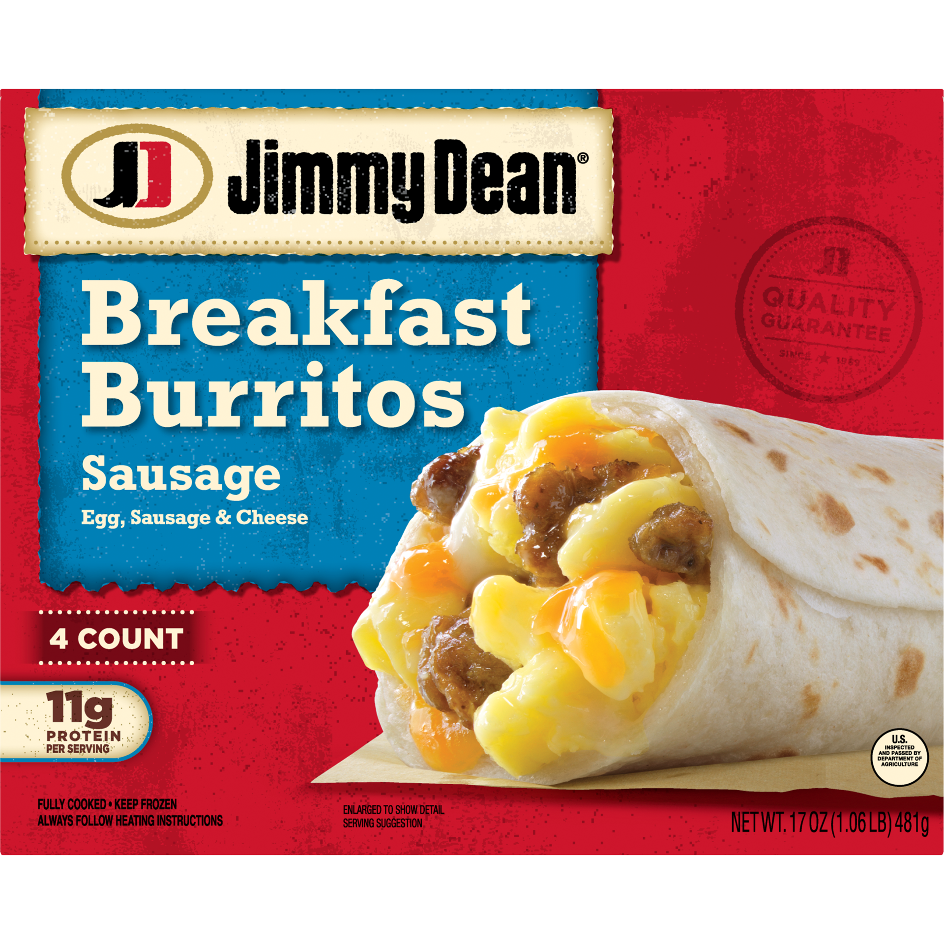 slide 1 of 8, Jimmy Dean Breakfast Burritos with Egg, Sausage, and Cheese, Frozen, 4 Count, 481.94 g