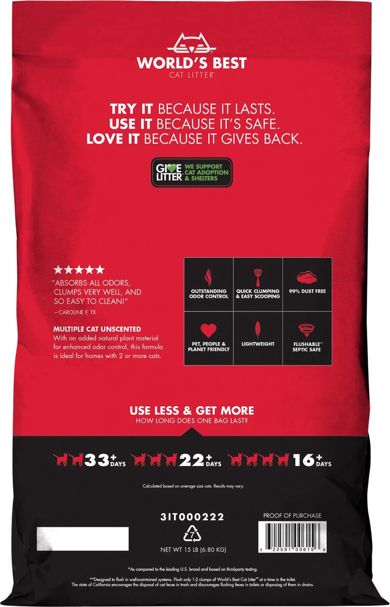 slide 3 of 7, World's Best Cat Litter Multiple Cat Unscented Cat Litter 15 lb, 15 lb