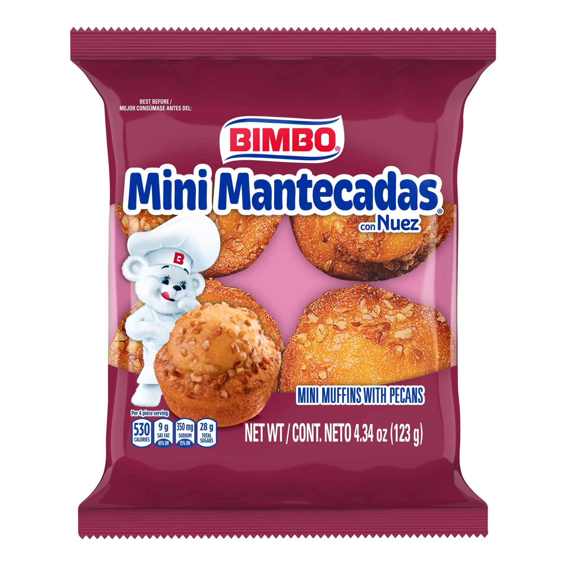 slide 1 of 5, Bimbo Mini Mantecadas con Nuez Muffins, 4 count, Pecan Mini Muffins, 4.34 oz Bag, 4 ct