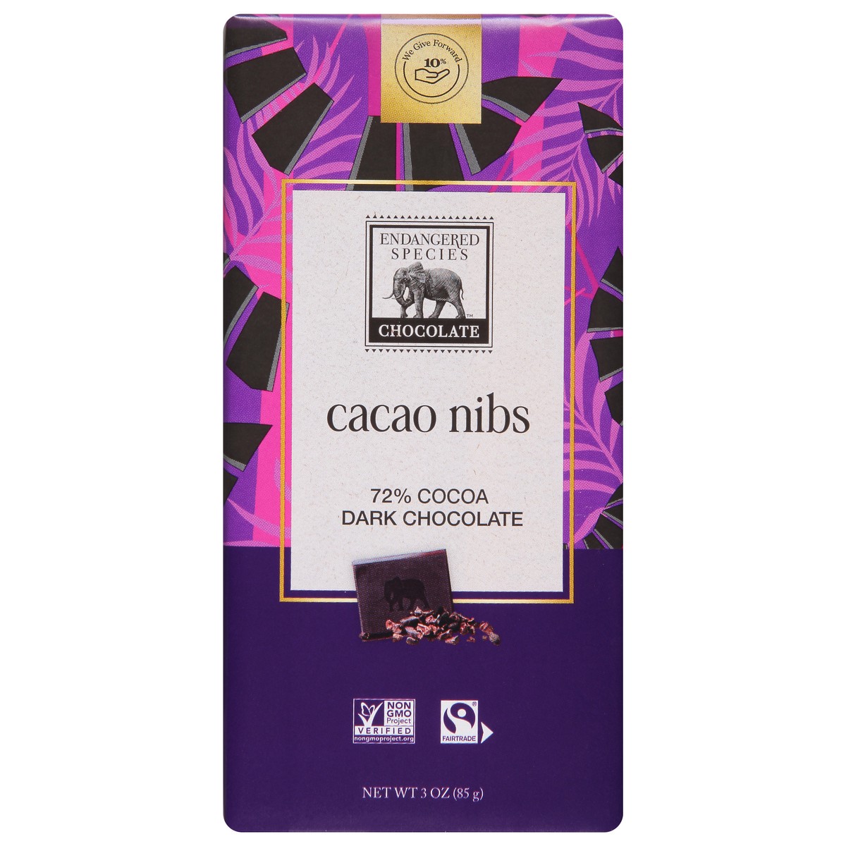 slide 1 of 9, Endangered Species 72% Dark Chocolate with Cacao Nibs Bar, 3 oz