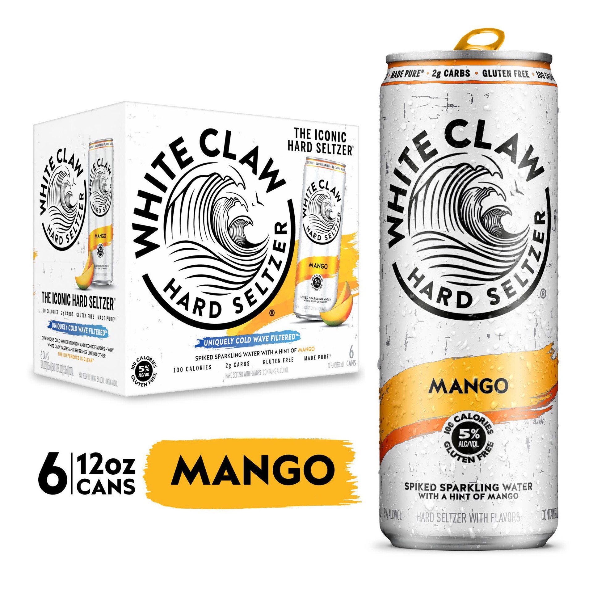 slide 1 of 9, White Claw Hard Seltzer Mango, 6 Pack, 12 fl oz Cans, 5% ABV, 6 ct; 12 fl oz