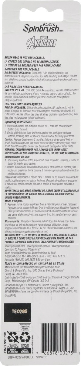 slide 2 of 9, Spinbrush Marvel Avengers Kid''s Spinbrush Electric Battery Toothbrush, Soft, 1 ct, Character May Vary, 1 ct