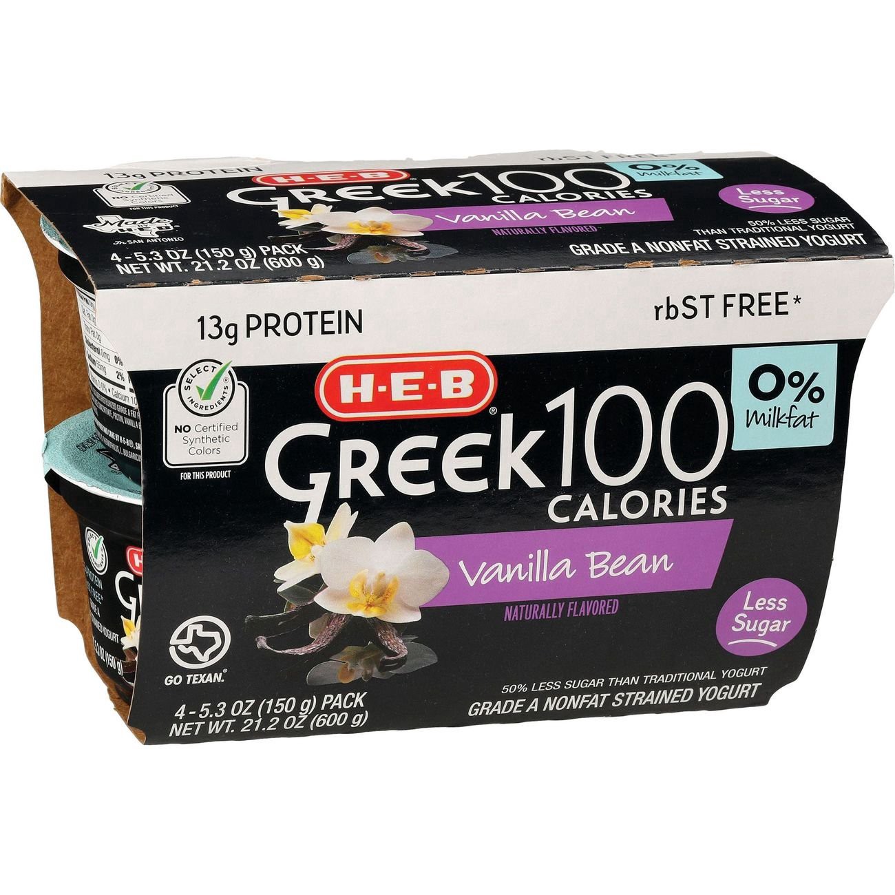 slide 1 of 1, H-E-B 13g Protein Greek 100 Calories Nonfat Yogurt - Vanilla Bean, 5.3 oz