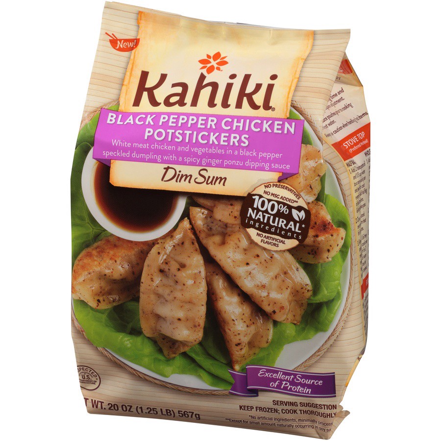 slide 3 of 8, Kahiki Black Pepper Chicken Potstickers, 20 oz