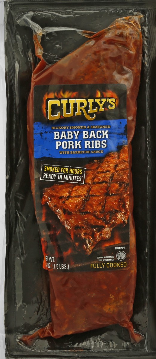 slide 2 of 5, Curly's Hickory Smoked & Seasoned Baby Back Pork Ribs with Barbecue Sauce 24 oz, 24 oz