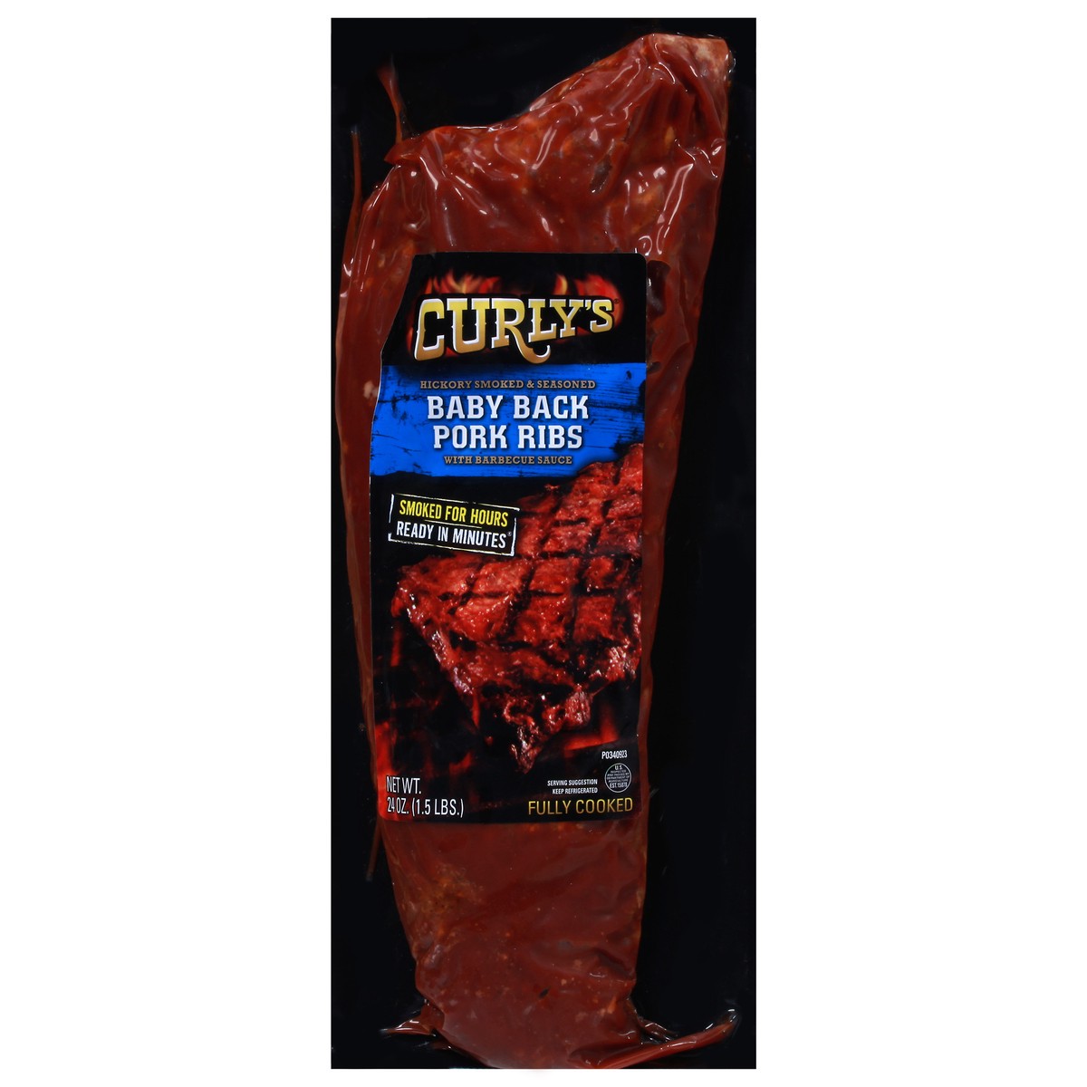 slide 1 of 5, Curly's Hickory Smoked & Seasoned Baby Back Pork Ribs with Barbecue Sauce 24 oz, 24 oz
