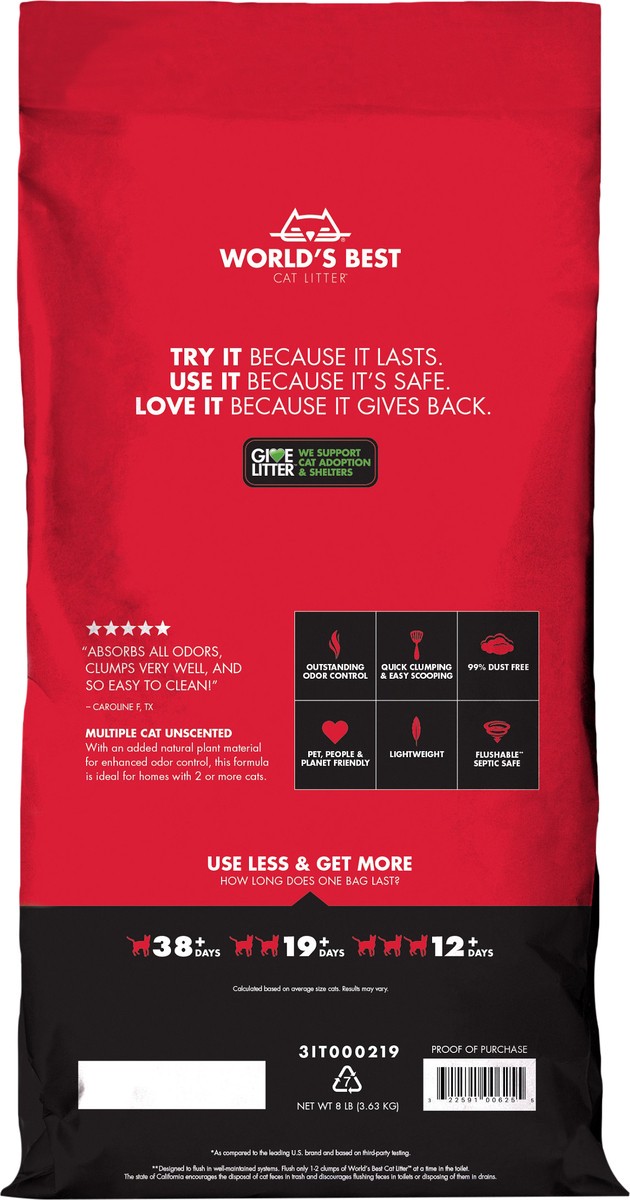 slide 6 of 6, World's Best Cat Litter Multiple Cat Unscented Clumping Formula, 8 lb