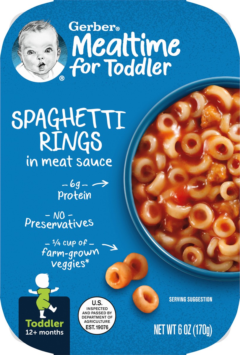 slide 13 of 14, Gerber Mealtime for Toddler, Spaghetti Rings in Meat Sauce Toddler Food, 6 oz Tray, 6 oz