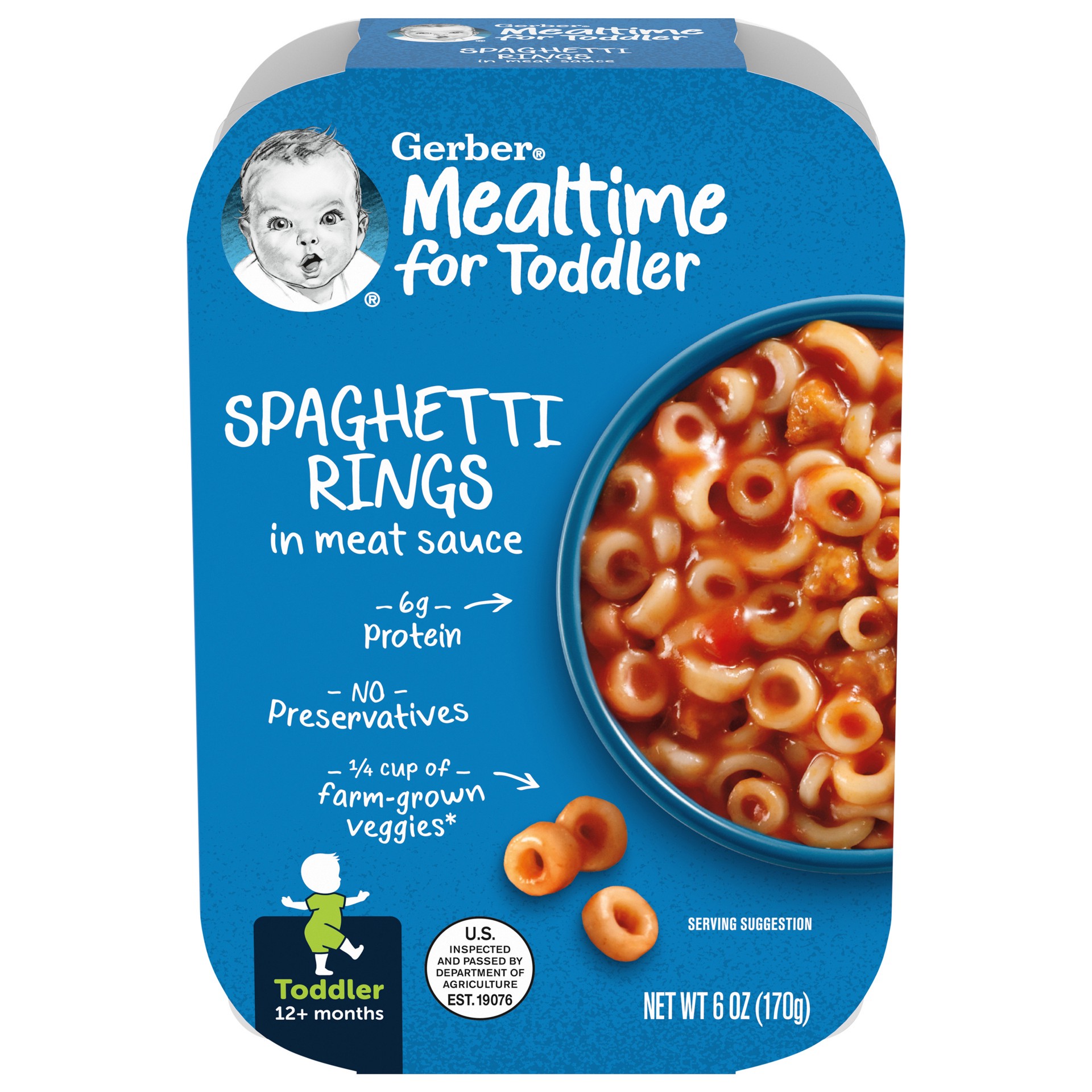 slide 1 of 14, Gerber Mealtime for Toddler, Spaghetti Rings in Meat Sauce Toddler Food, 6 oz Tray, 6 oz