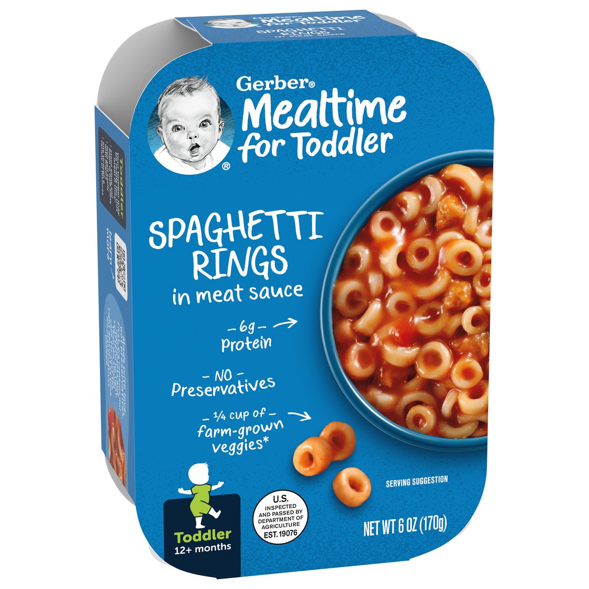 slide 14 of 14, Gerber Mealtime for Toddler, Spaghetti Rings in Meat Sauce Toddler Food, 6 oz Tray, 6 oz