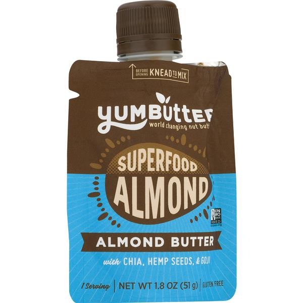 slide 1 of 1, Yumbutter Yum Butter Superfood Almond, Almond Butter, With Chia, Hemp Seeds, & Goji, 1.8 oz