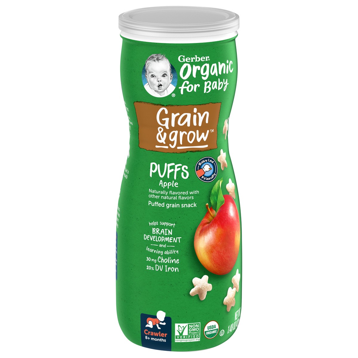slide 2 of 9, Gerber 2nd Foods Organic for Baby Grain & Grow Puffs, Apple, 1.48 oz Canister, 1.48 oz
