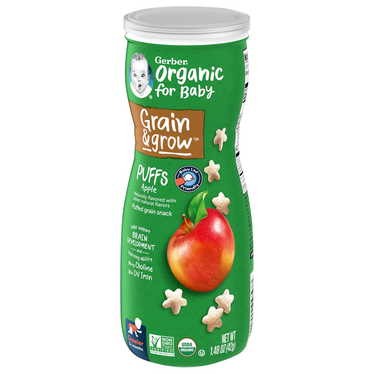 slide 3 of 9, Gerber 2nd Foods Organic for Baby Grain & Grow Puffs, Apple, 1.48 oz Canister, 1.48 oz