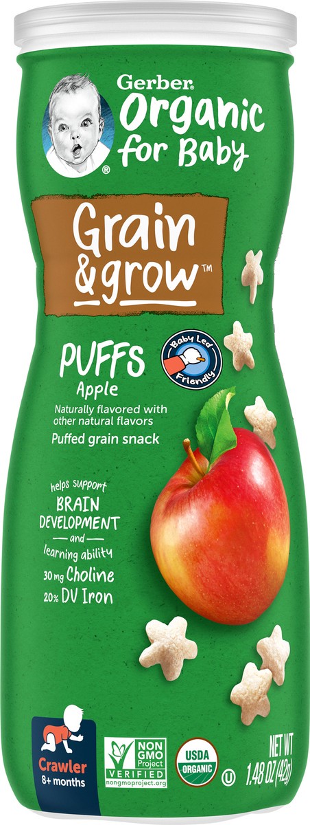 slide 6 of 9, Gerber 2nd Foods Organic for Baby Grain & Grow Puffs, Apple, 1.48 oz Canister, 1.48 oz