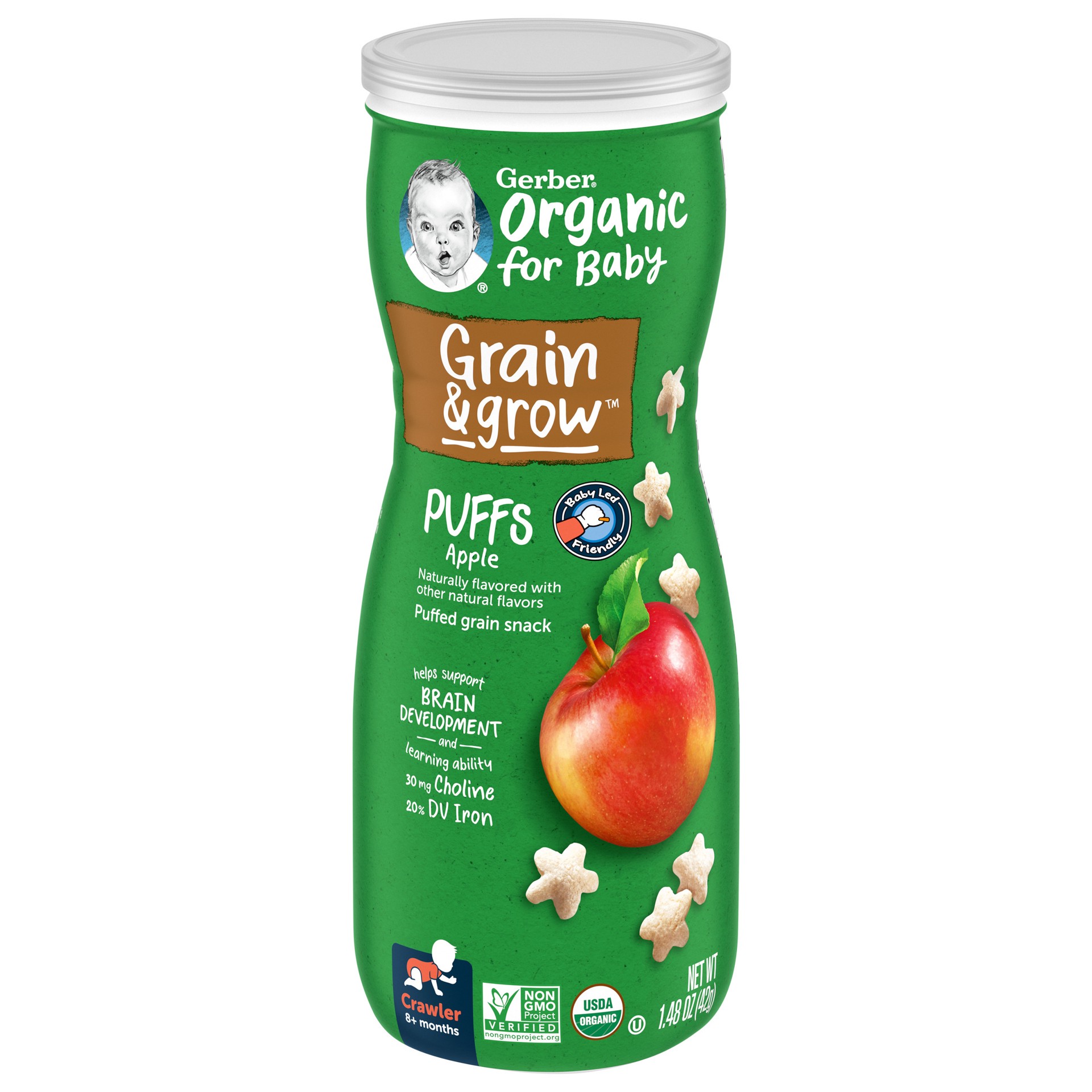 slide 1 of 9, Gerber 2nd Foods Organic for Baby Grain & Grow Puffs, Apple, 1.48 oz Canister, 1.48 oz