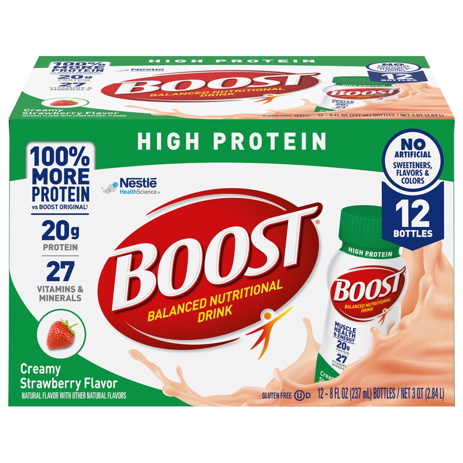 slide 1 of 9, Boost High Protein Nutritional Drink, Creamy Strawberry, 20 g Protein, 12 - 8 fl oz Bottles, 8 fl oz