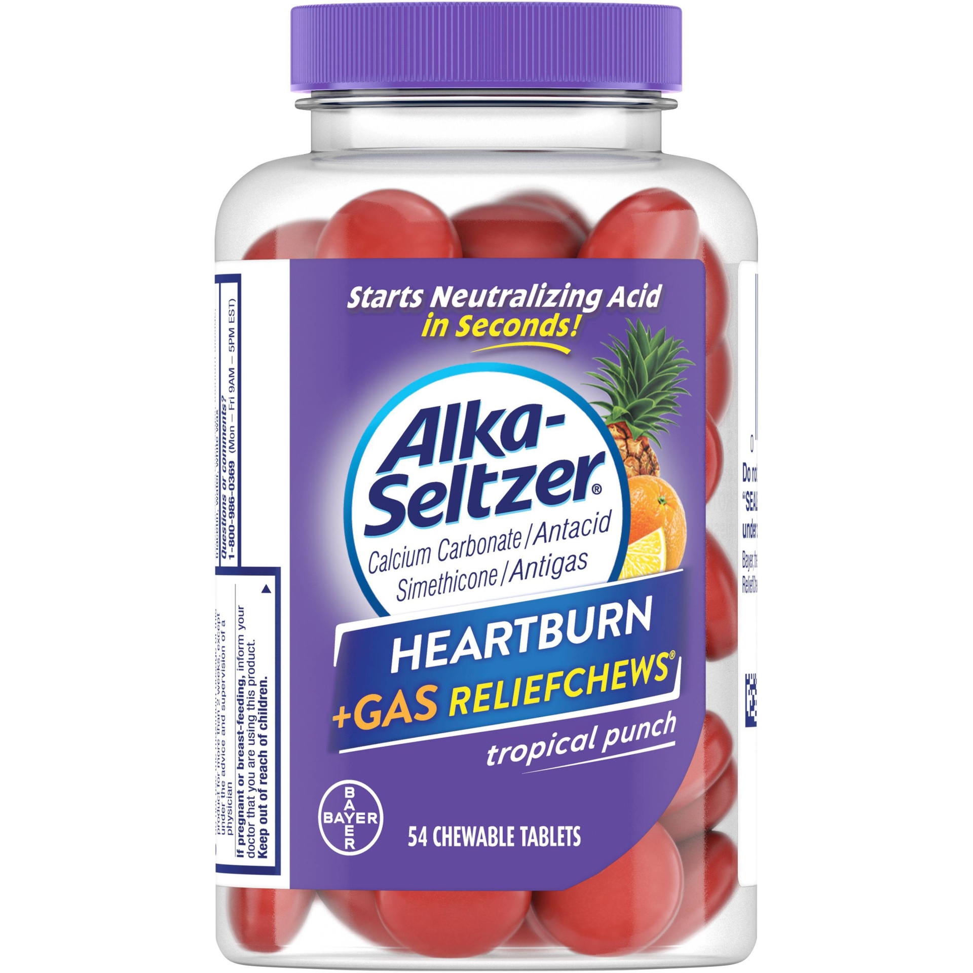 slide 1 of 5, Alkaseltzer Heartburn And Gas Relief Tropical Punch Chewable, 54 ct