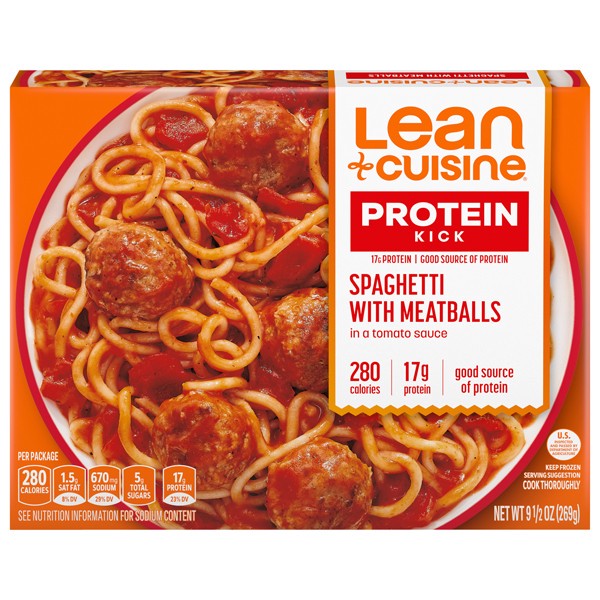 slide 1 of 9, Lean Cuisine Frozen Meal Spaghetti With Meatballs, Protein Kick Microwave Meal, Microwave Spaghetti Dinner, Frozen Dinner for One, 9.5 oz