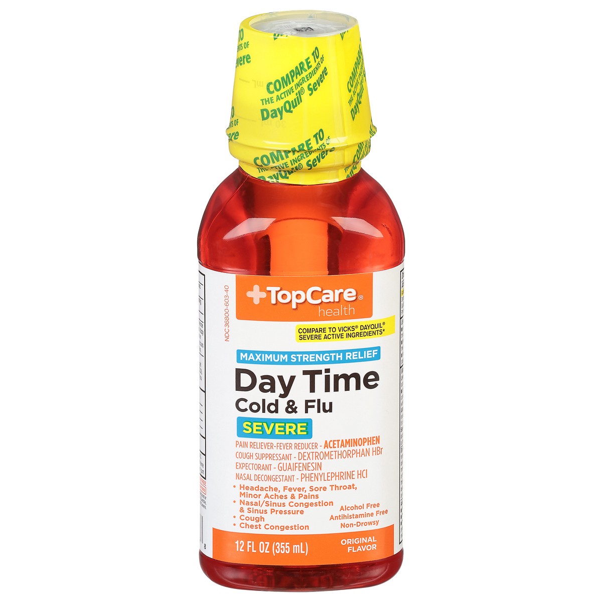 slide 1 of 9, TopCare Health Severe Maximum Strength Relief Original Flavor Daytime Cold & Flu 12 fl oz, 12 fl oz