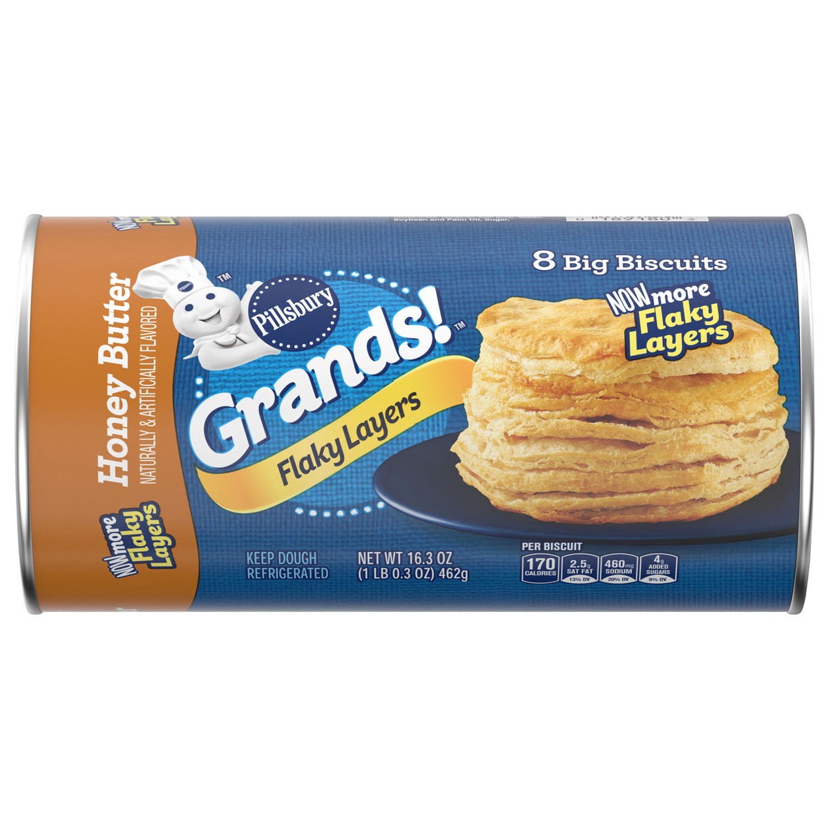 slide 1 of 9, Pillsbury Grands! Flaky Layers, Honey Butter Biscuits, Refrigerated Biscuit Dough, 8 ct., 16.3 oz, 8 ct