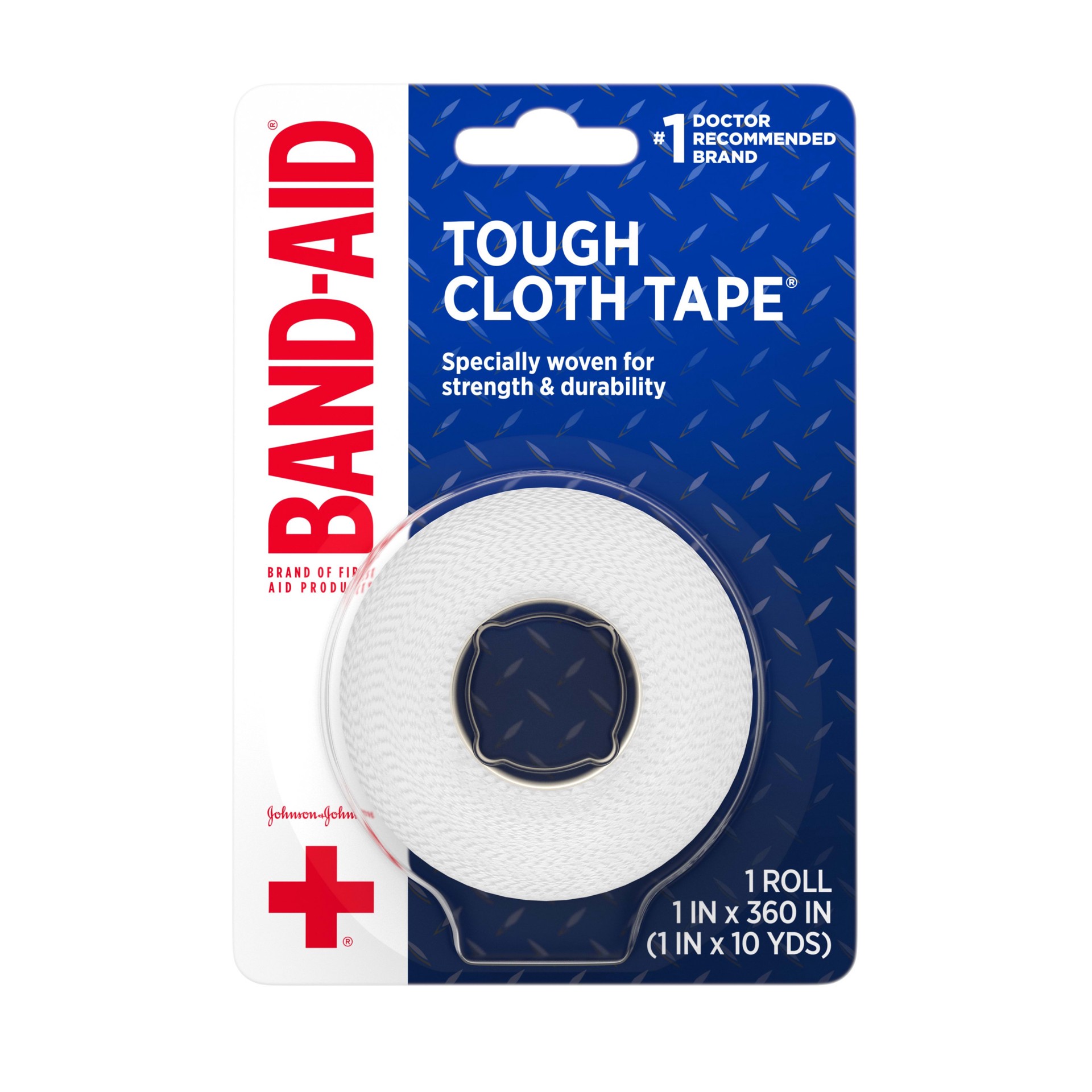 slide 1 of 6, BAND-AID of First Aid Products All-Purpose Tough Cloth Tape, Durable Fabric Medical Tape for First-Aid and Securing Bandages, Dressings, and Wound Covers, 1 inch by 10 yards, 10 yd