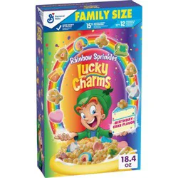 Lucky Charms Rainbow Sprinkles Cereal with Marshmallows, Birthday Cake Flavor, Kids Breakfast Cereal Made with Whole Grain, Family Size, 18.4 oz