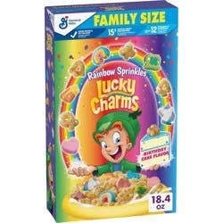 Lucky Charms Rainbow Sprinkles Cereal with Marshmallows, Birthday Cake Flavor, Kids Breakfast Cereal Made with Whole Grain, Family Size, 18.4 oz