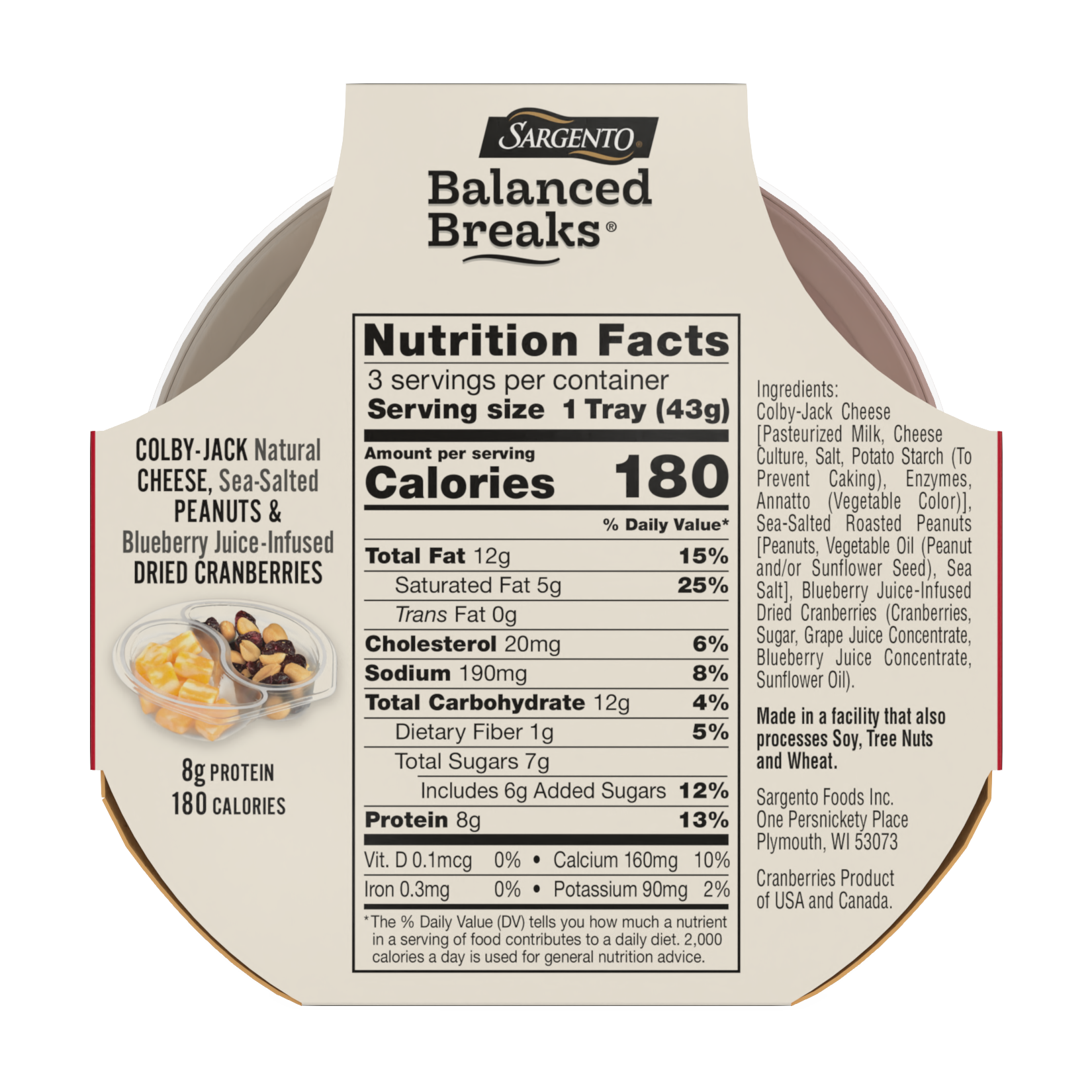 slide 4 of 5, Sargento Balanced Breaks Colby-Jack Natural Cheese, Sea-Salted Peanuts and Blueberry Juice-Infused Dried Cranberries, 3-Pack, 3 ct; 1.5 oz