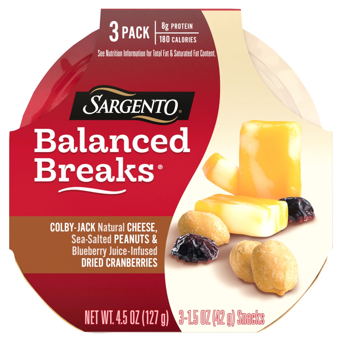 slide 1 of 5, Sargento Balanced Breaks Colby-Jack Natural Cheese, Sea-Salted Peanuts and Blueberry Juice-Infused Dried Cranberries, 3-Pack, 3 ct; 1.5 oz