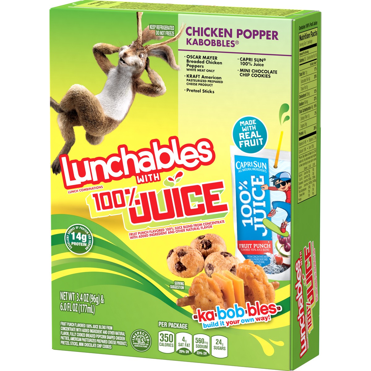 slide 7 of 9, Lunchables Chicken Nugget Kabobbles with Cheddar, Pretzel Sticks, Mini Chocolate Chip Cookies and Capri Sun 100% Juice Fruit Punch, 9.4 oz Box, 9.4 oz