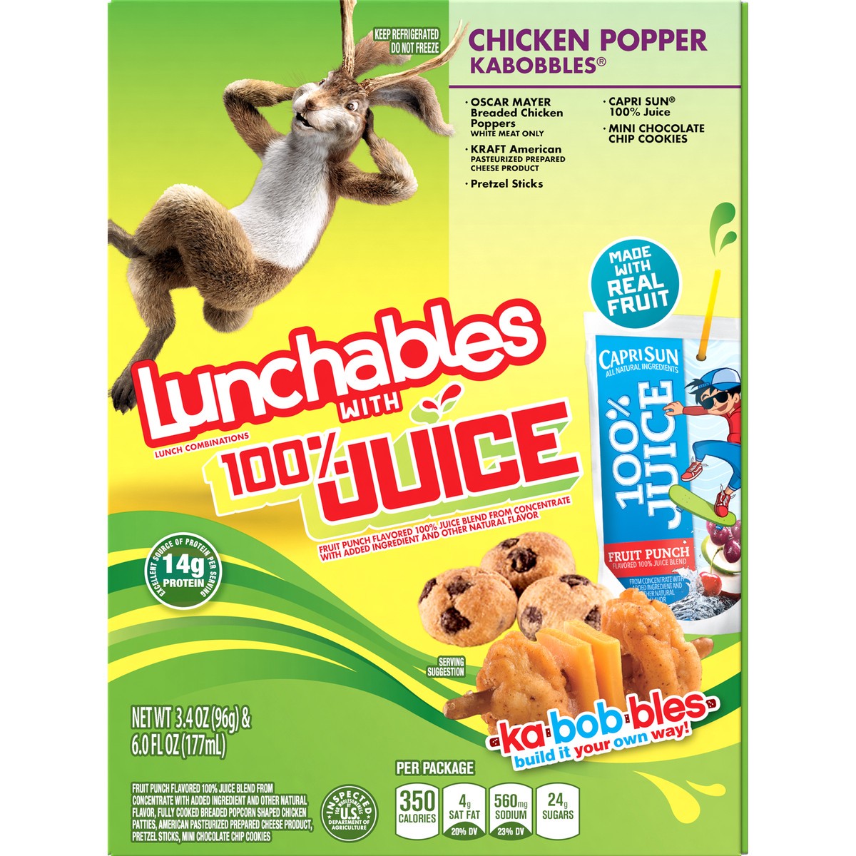 slide 9 of 9, Lunchables Chicken Nugget Kabobbles with Cheddar, Pretzel Sticks, Mini Chocolate Chip Cookies and Capri Sun 100% Juice Fruit Punch, 9.4 oz Box, 9.4 oz