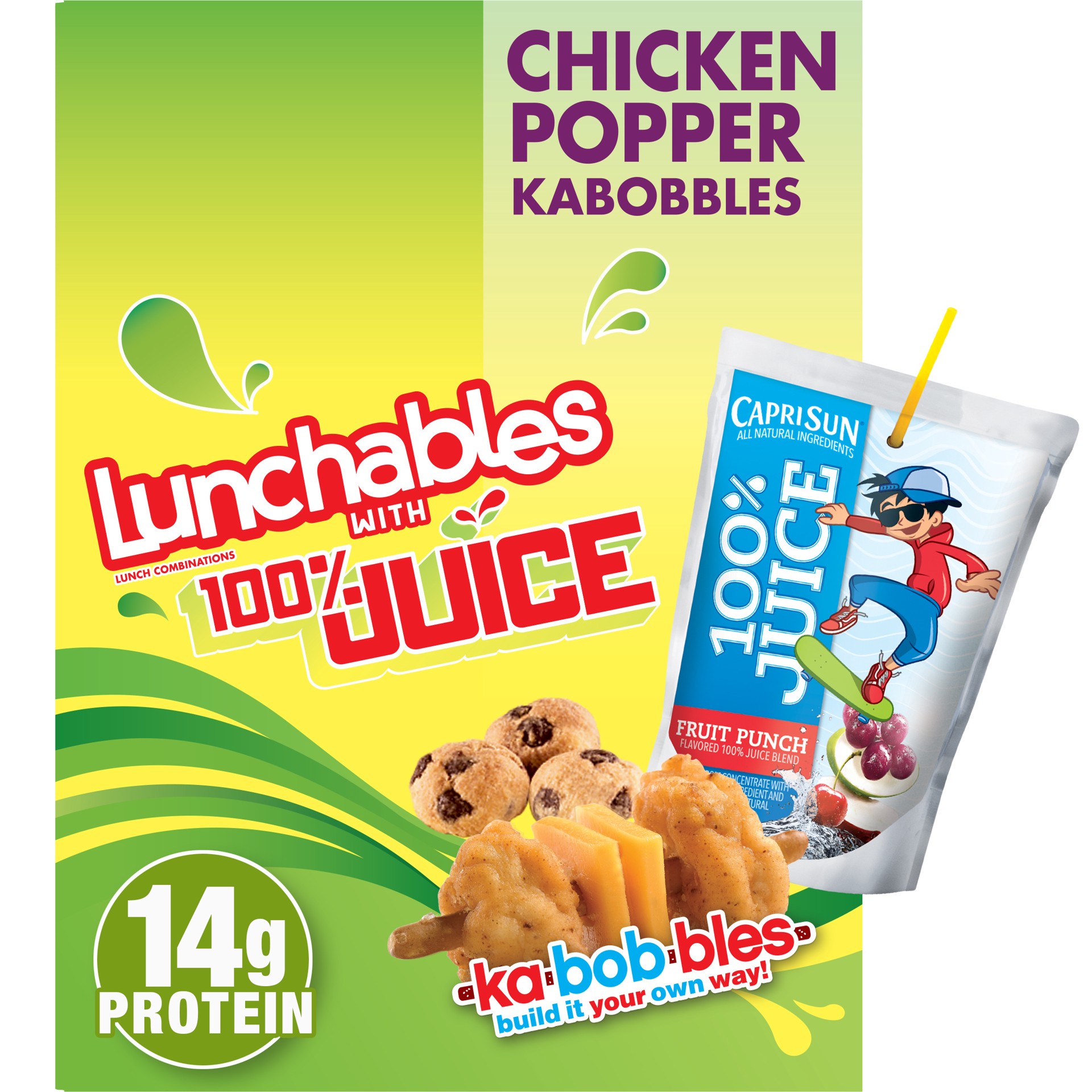 slide 1 of 9, Lunchables Chicken Nugget Kabobbles with Cheddar, Pretzel Sticks, Mini Chocolate Chip Cookies and Capri Sun 100% Juice Fruit Punch, 9.4 oz Box, 9.4 oz