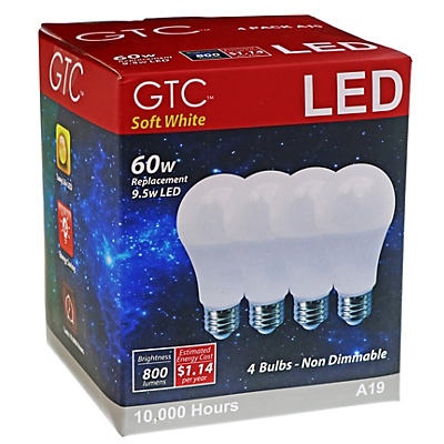 slide 1 of 1, GTC A19 LED 60watts Soft White Bulbs, 4 ct