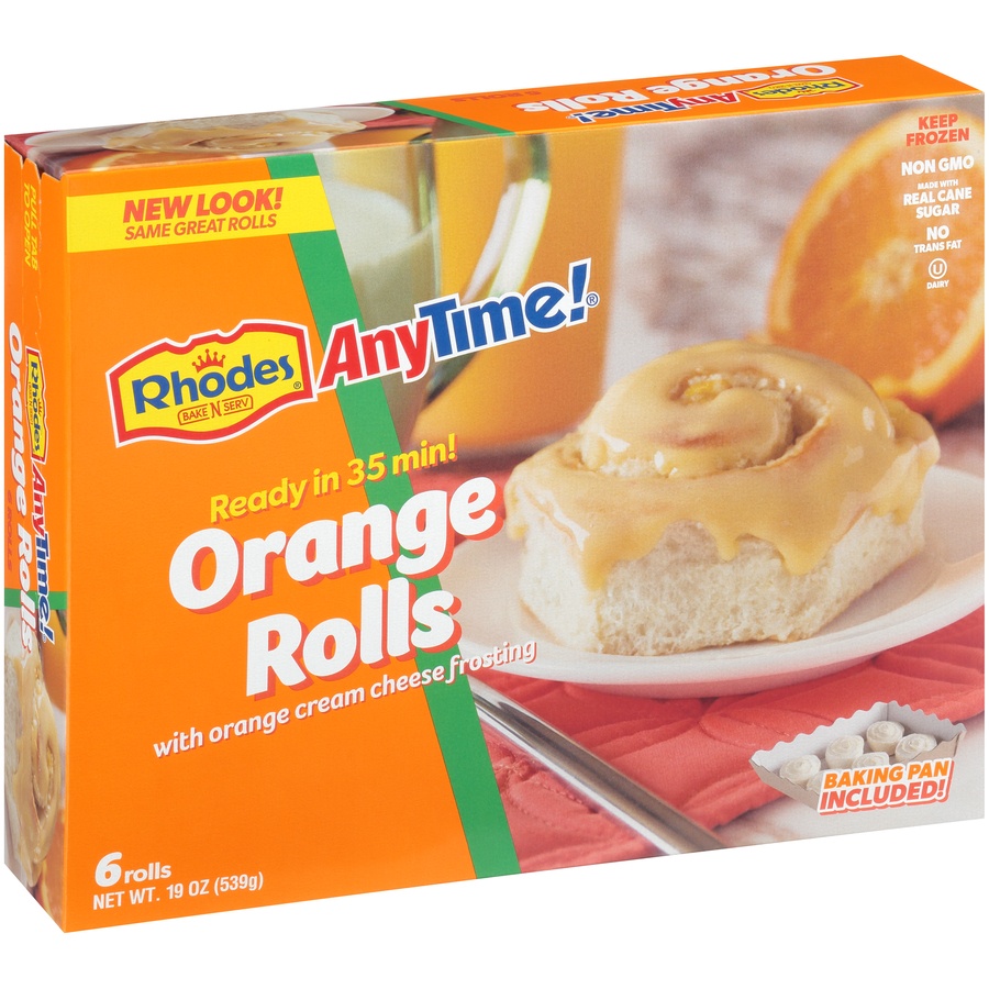 slide 2 of 8, Rhodes Bake-N-Serv Anytime! Orange Rolls with Orange Cream Cheese Frosting, 6 ct; 19 oz