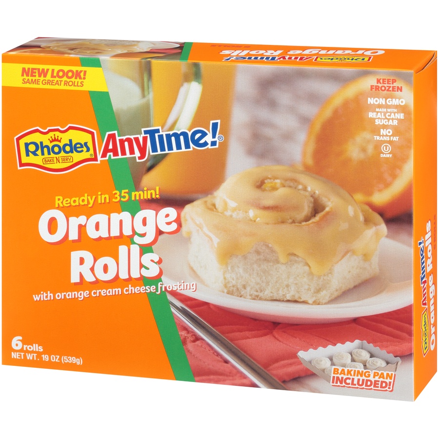 slide 3 of 8, Rhodes Bake-N-Serv Anytime! Orange Rolls with Orange Cream Cheese Frosting, 6 ct; 19 oz