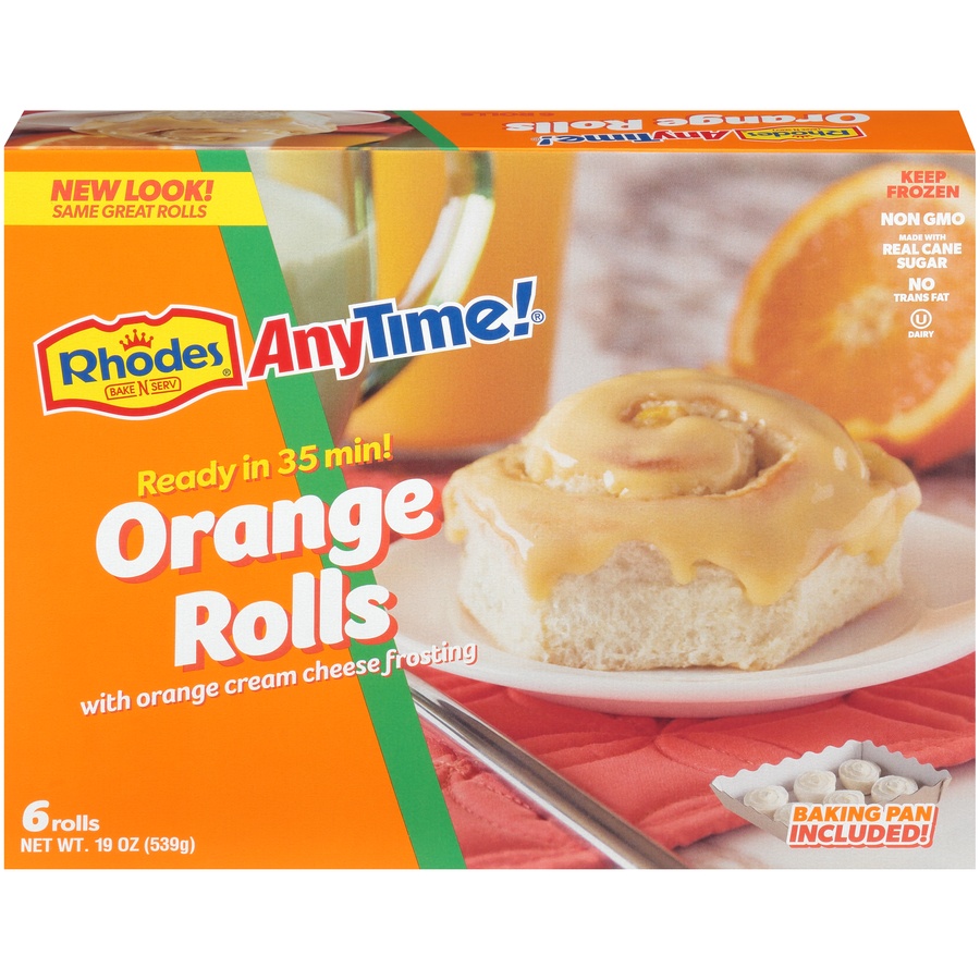 slide 1 of 8, Rhodes Bake-N-Serv Anytime! Orange Rolls with Orange Cream Cheese Frosting, 6 ct; 19 oz