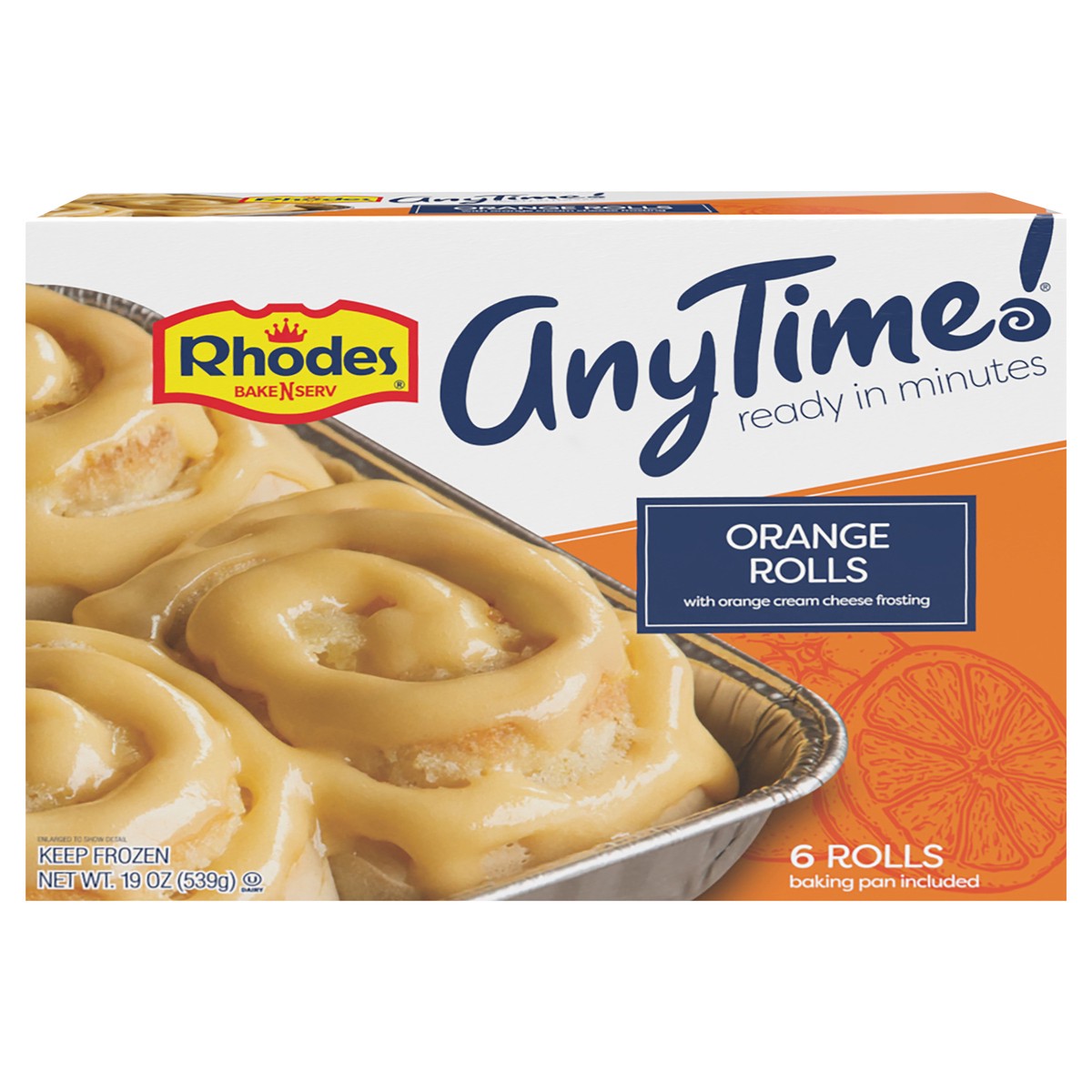 slide 1 of 11, Rhodes Bake-N-Serv Rhodes AnyTime! Orange Rolls with Orange Cream Cheese Frosting 6 ea, 6 ct