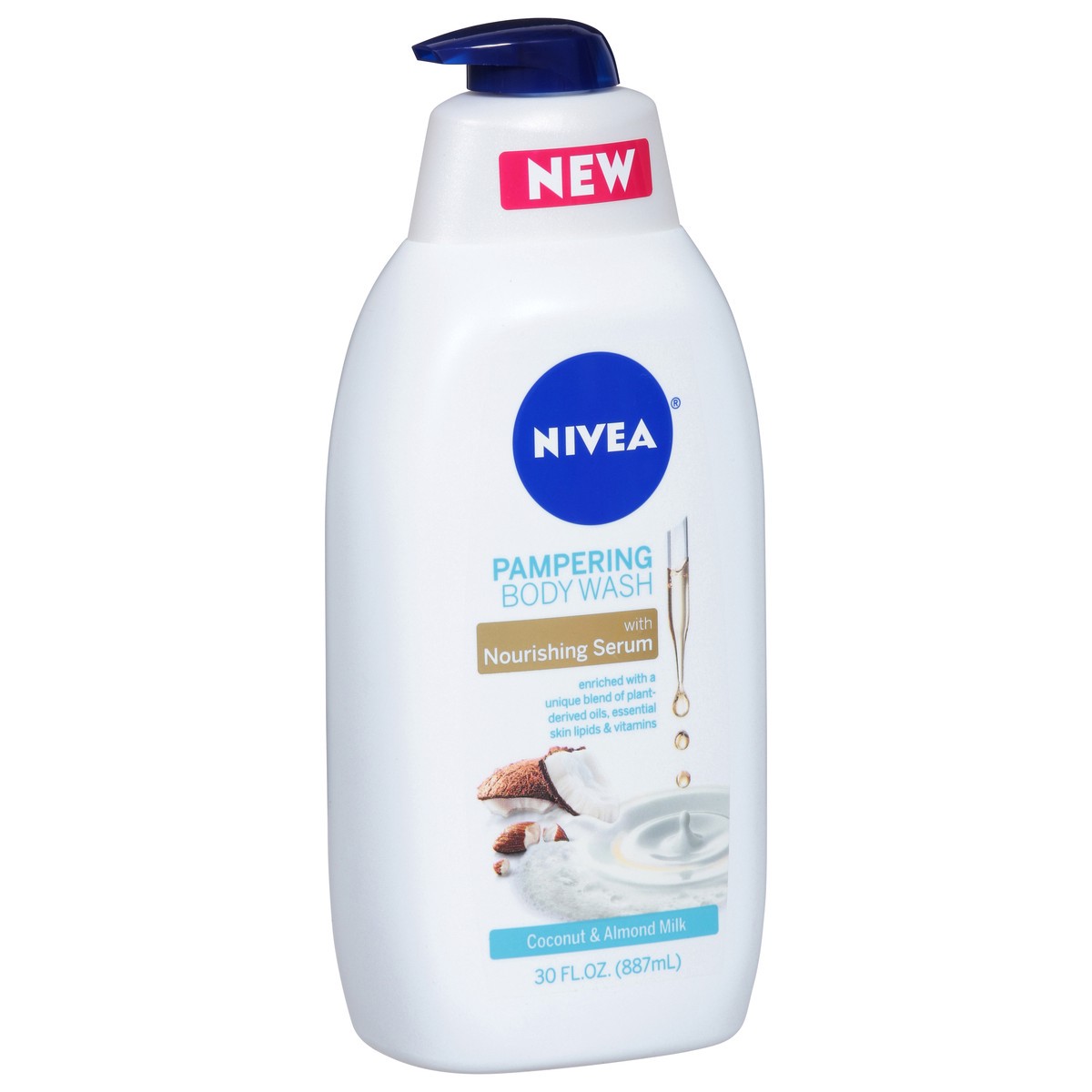 slide 2 of 9, Nivea Pampering Coconut and Almond Milk Body Wash with Nourishing Serum - 30 fl oz Pump, 30 oz