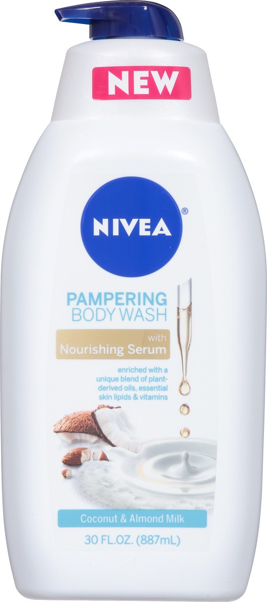 slide 8 of 9, Nivea Pampering Coconut and Almond Milk Body Wash with Nourishing Serum - 30 fl oz Pump, 30 oz