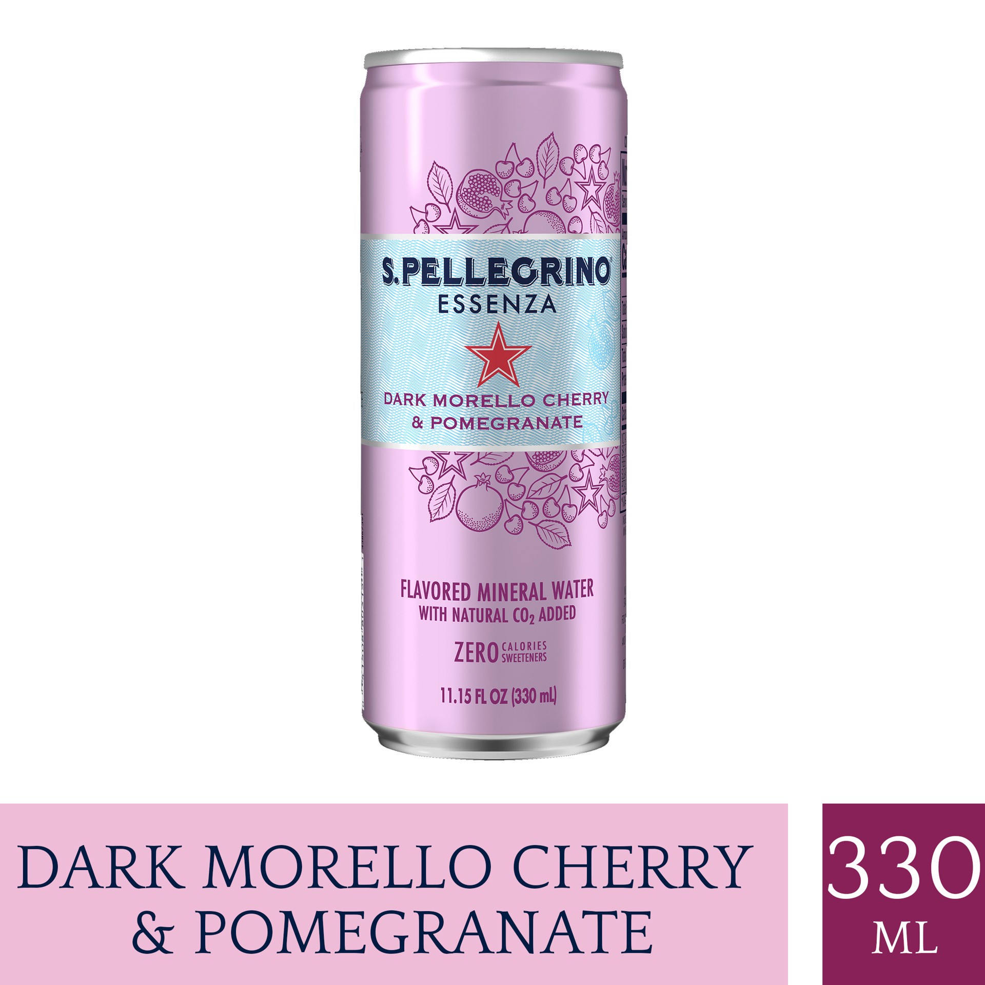 slide 1 of 4, S.Pellegrino Essenza Dark Morello Cherry & Pomegranate Flavored Mineral Water with CO2 Added, 11.15 Fl Oz Can, 11.15 oz