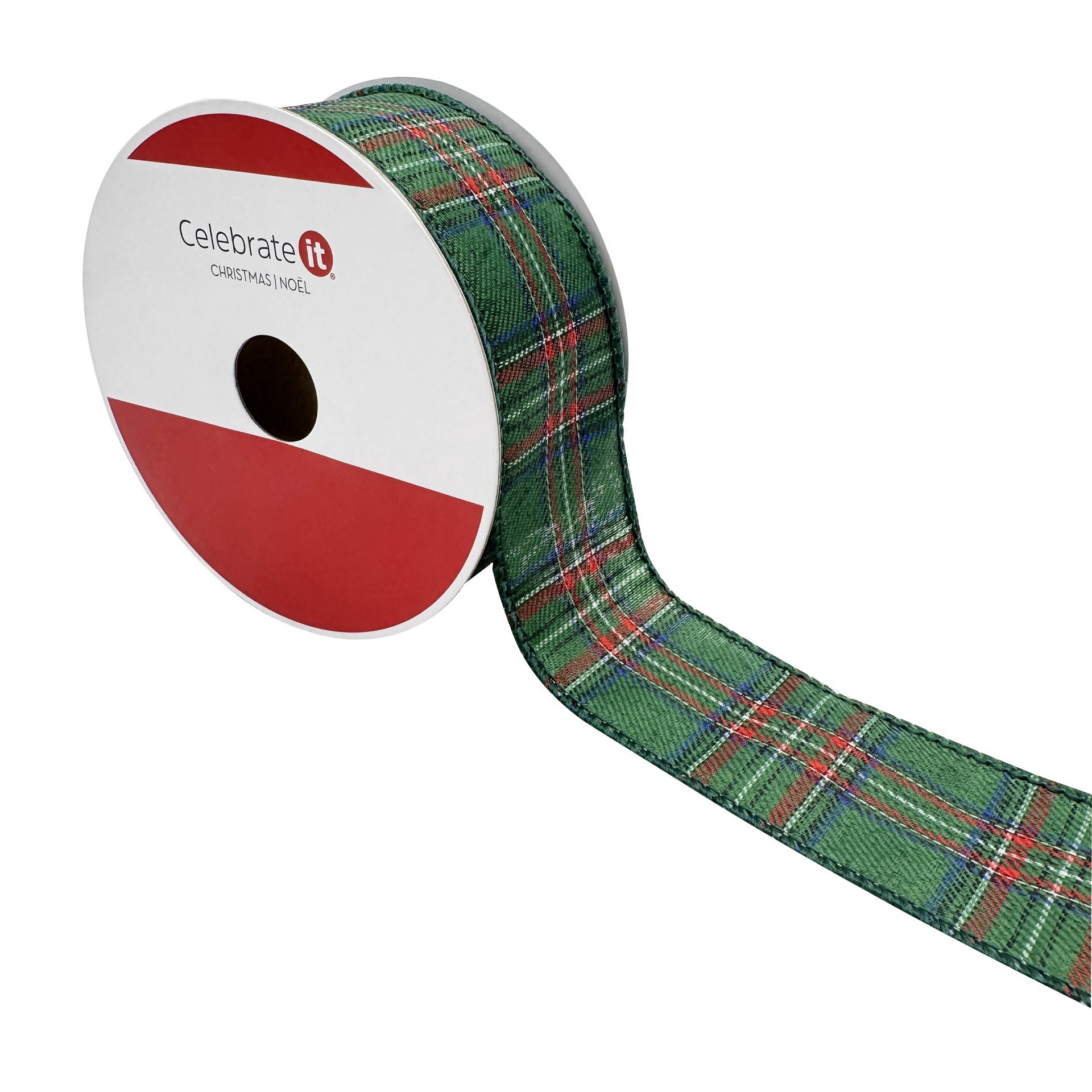 slide 3 of 3, 1.5" X 30ft. Green Tartan Wired Ribbon By Celebrate It, 1.5 in x 30 ft