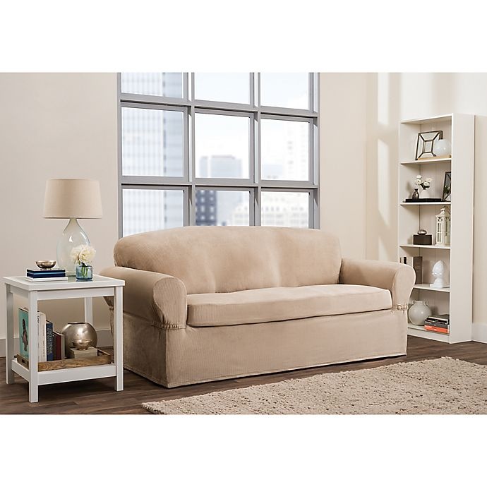 slide 1 of 6, Smart Fit Roland Polyester Stretch Sofa Slipcover - Sand, 2 ct