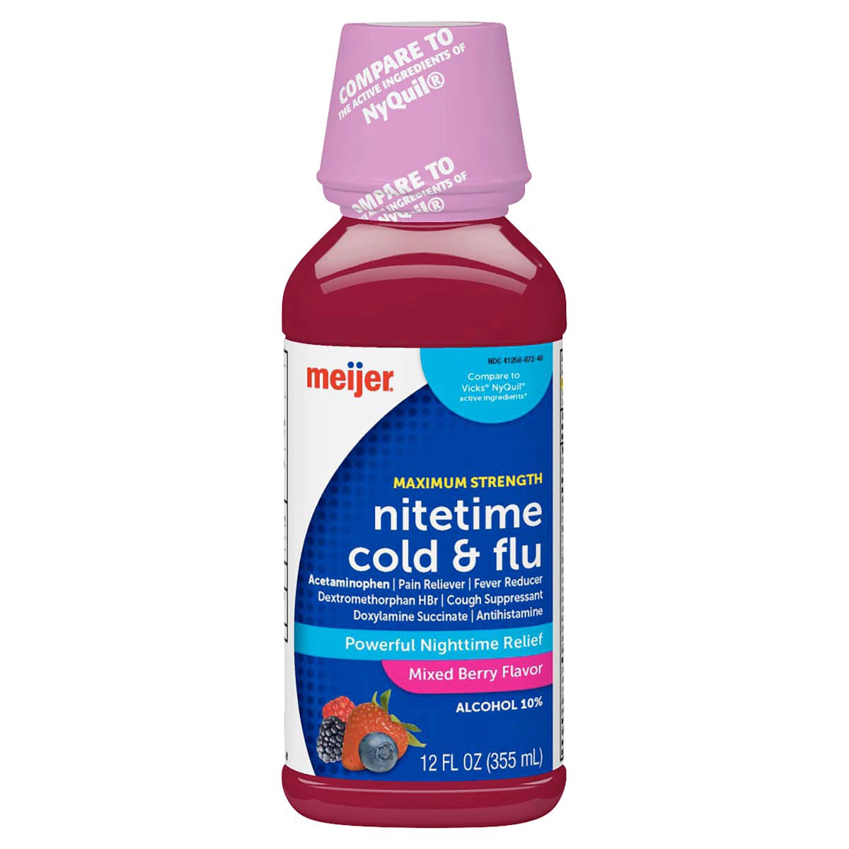slide 1 of 1, Meijer Maximum Strength Nitetime Cold & Flu, Mixed Berry Flavor, 12 oz