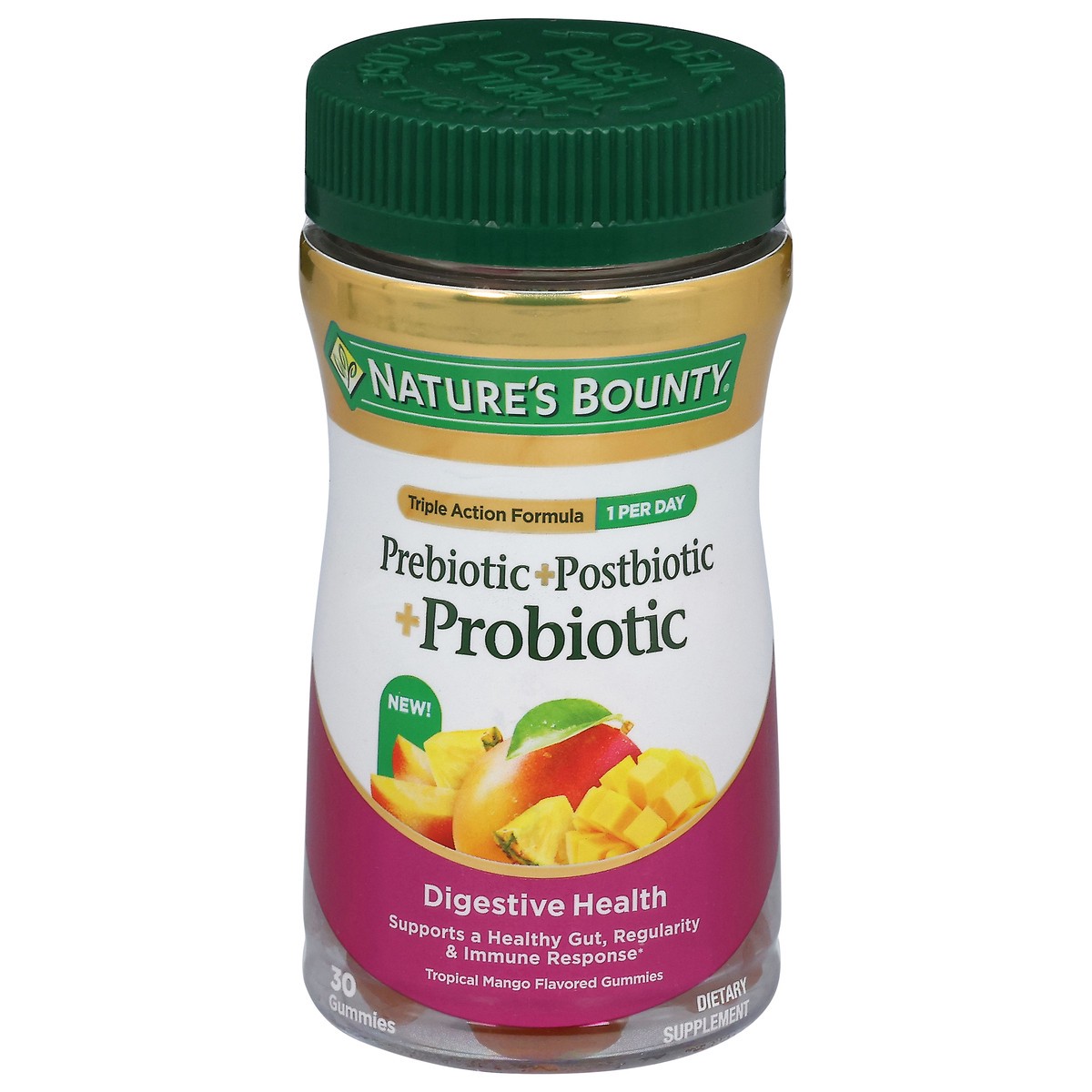 slide 9 of 14, Nature's Bounty Tropical Mango Flavored Prebiotic + Postbiotic + Probiotic 30 Gummies, 30 ct