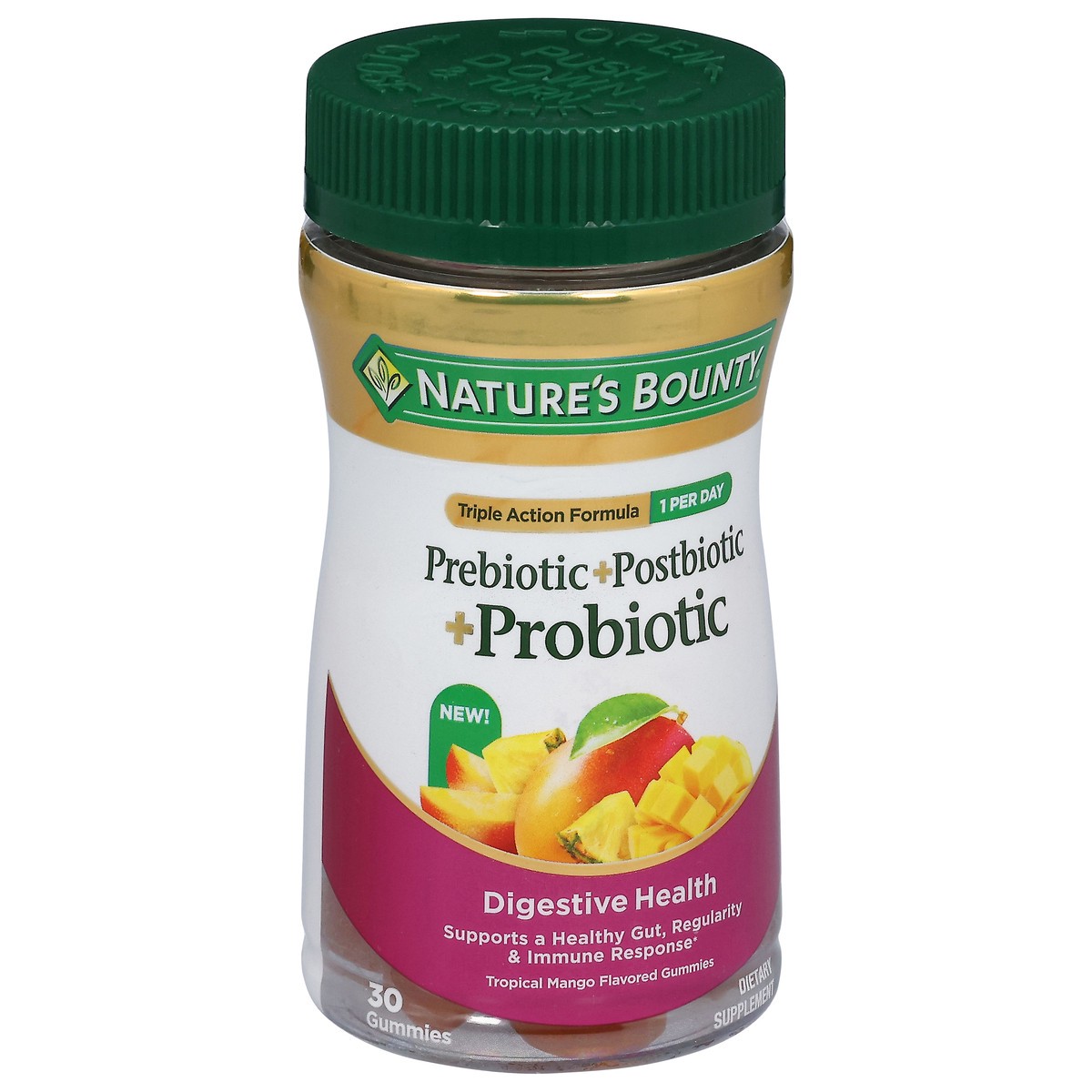 slide 7 of 14, Nature's Bounty Tropical Mango Flavored Prebiotic + Postbiotic + Probiotic 30 Gummies, 30 ct