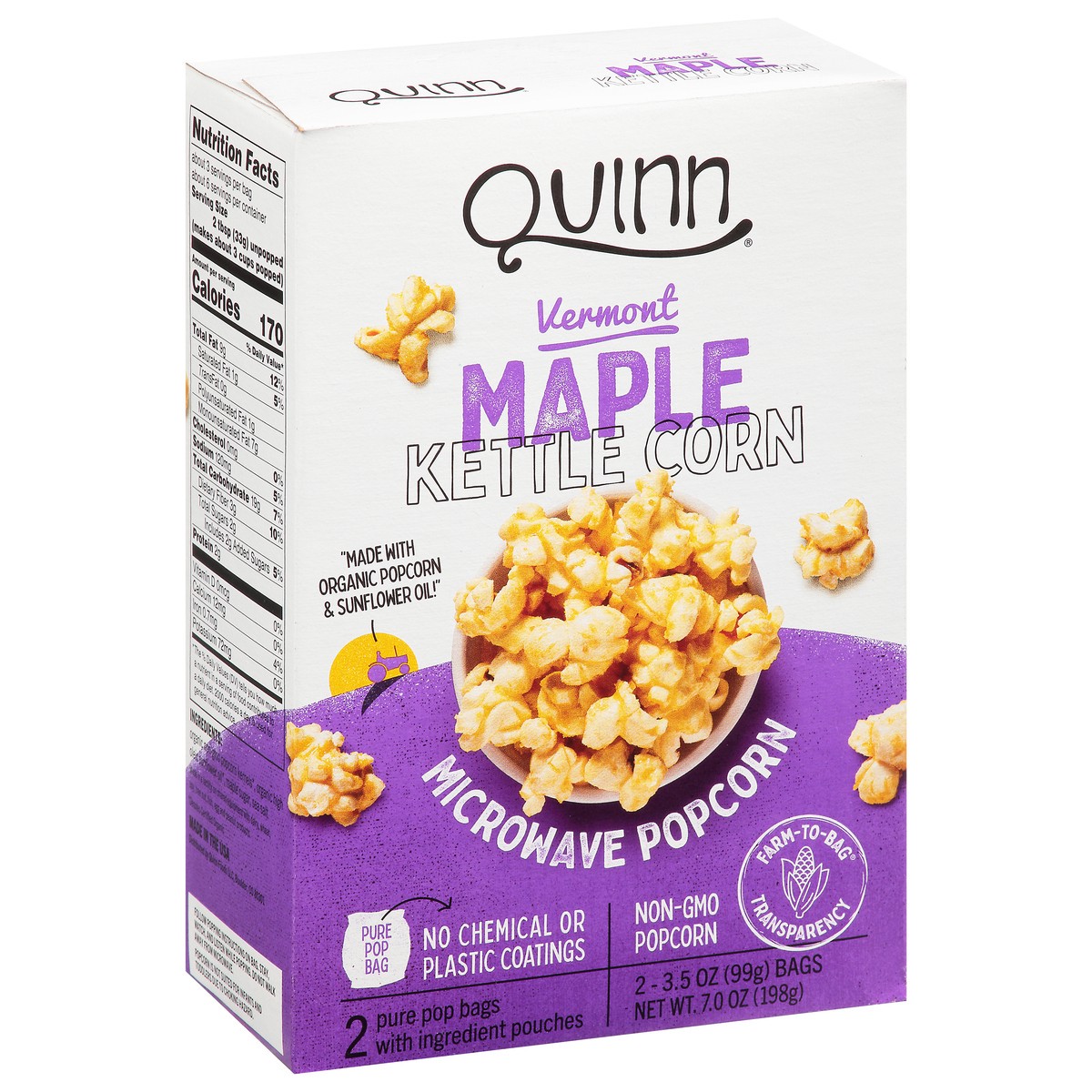 slide 2 of 9, Quinn Vermont Maple Kettle Corn Microwave Popcorn 2-3.5 oz Bags, 2 ct