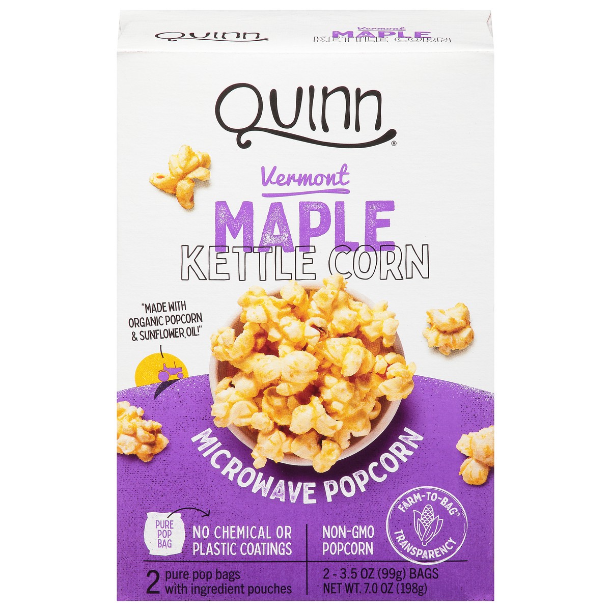 slide 1 of 9, Quinn Vermont Maple Kettle Corn Microwave Popcorn 2-3.5 oz Bags, 2 ct