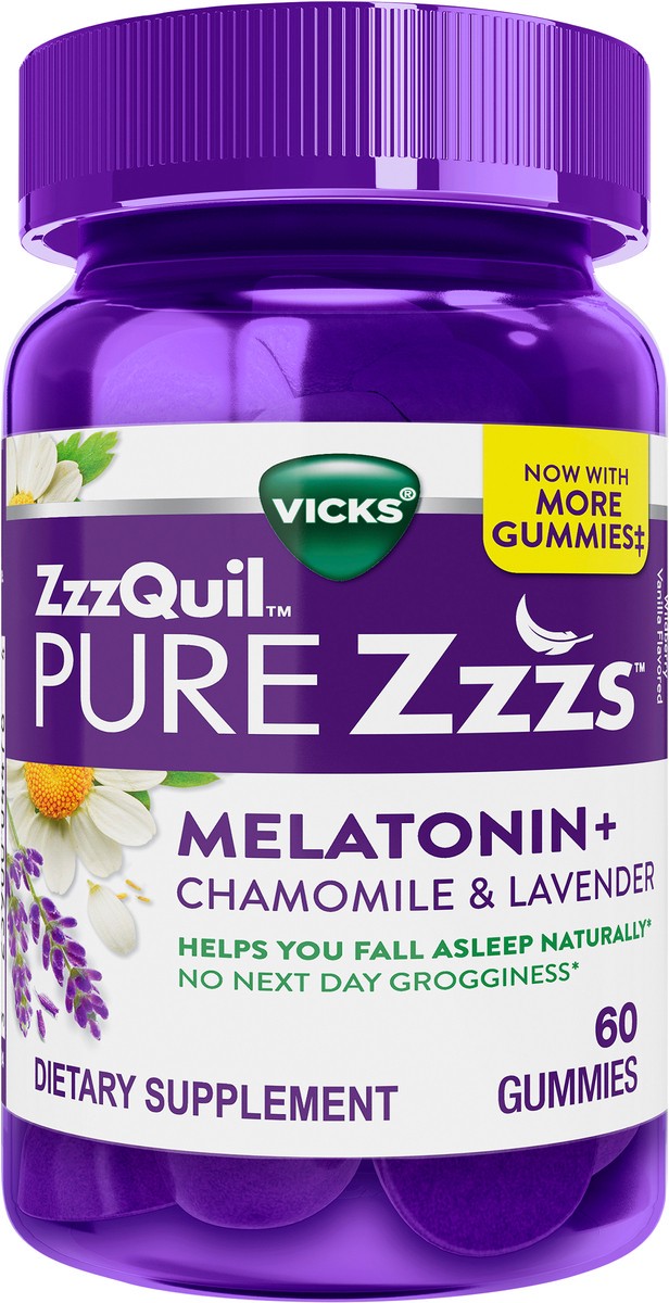 slide 2 of 2, Vicks ZzzQuil PURE Zzzs Melatonin Sleep Aid Gummies, Helps You Fall Asleep Naturally, Wildberry Vanilla Flavor, Chamomile Lavender & Valerian Root, 1mg per gummy, 60 Count, 60 ct