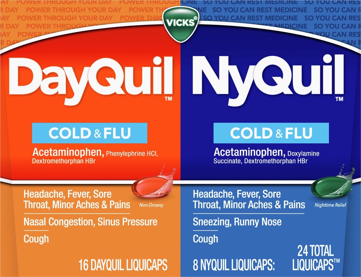 slide 2 of 2, Vicks DayQuil & NyQuil Co-Pack, Cold & Flu Over-the-Counter Medicine, Powerful Multi-Symptom Daytime and Nighttime Relief for Headache, Fever, Sore Throat, Minor Aches and Pains, and Cough, 24ct, 24 ct